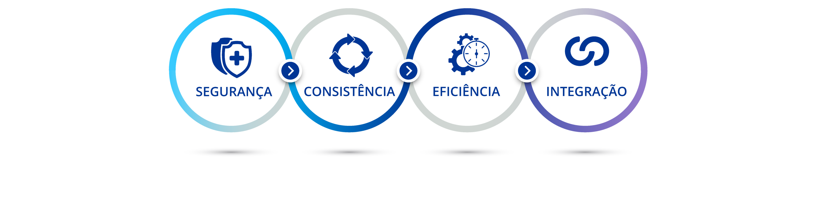 Diagrama que ilustra as quatro secções desta página web.   Ícone de um escudo branco com uma cruz azul sobre um escudo azul escuro com a palavra "Segurança". Ícone de um círculo composto por quatro setas ligadas com a palavra "Consistência". Ícone de duas engrenagens e um cronómetro com a palavra "Eficiência". Ícone de dois semicírculos interligados com a palavra "Integração".