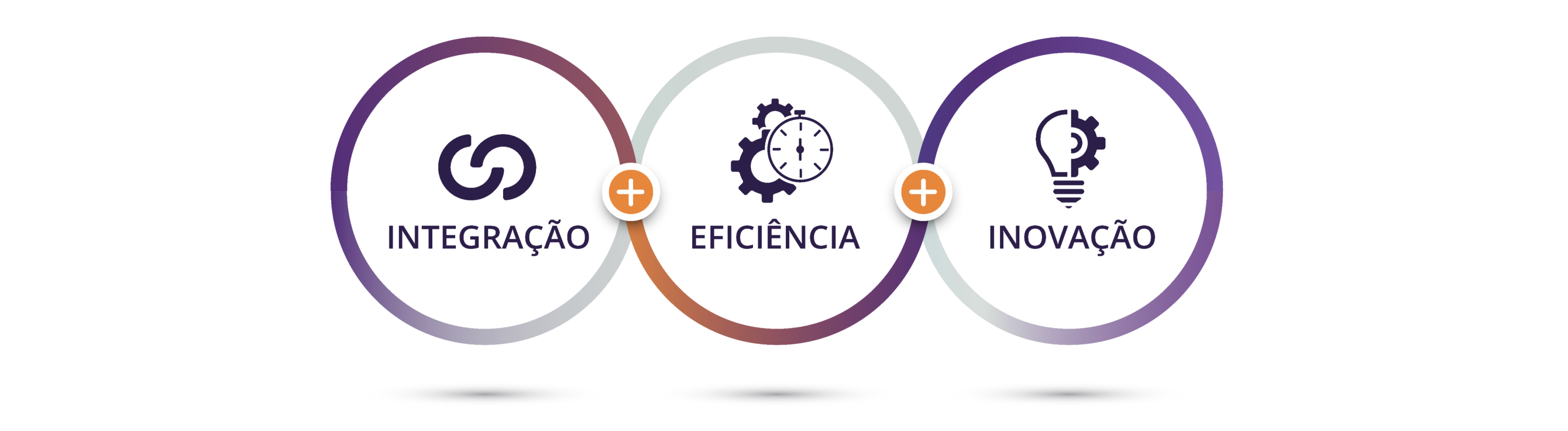 Três círculos interligados. Dentro do primeiro círculo encontra-se um ícone púrpura de dois semicírculos sobrepostos onde se lê "integração". Dentro do segundo círculo encontra-se um ícone púrpura de duas engrenagens atrás de um cronómetro onde se lê "eficiência". Dentro do terceiro círculo encontra-se um ícone púrpura dividido numa meia lâmpada e meia engrenagem onde se lê "inovação".