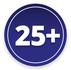 Large white text that reads “25+” on a blue circle.  