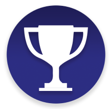 White icon of a trophy on a blue circle.  