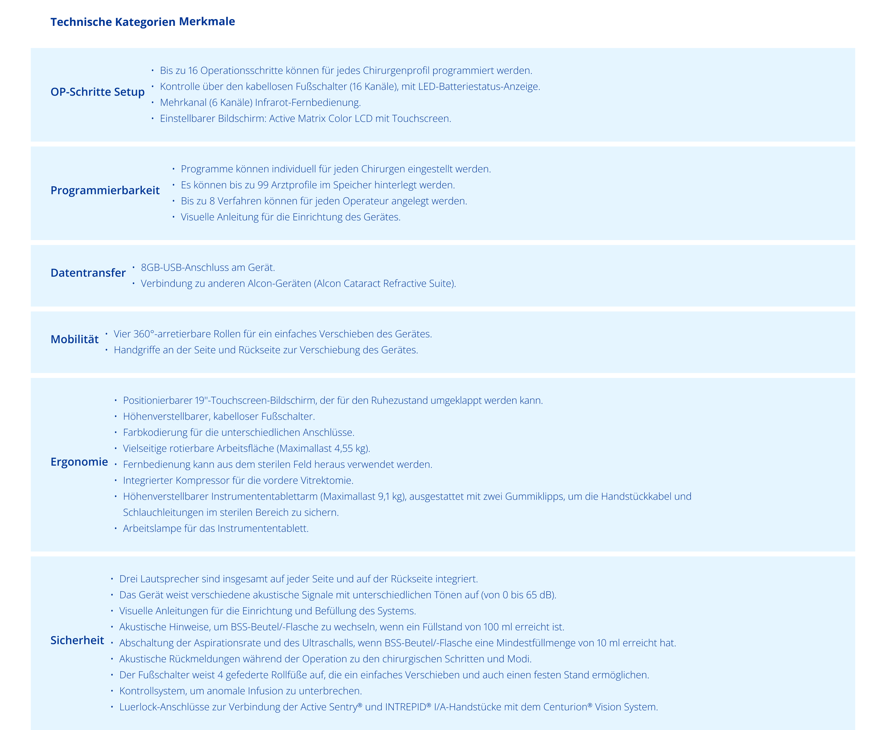 Table of specifications for Centurion Vision System