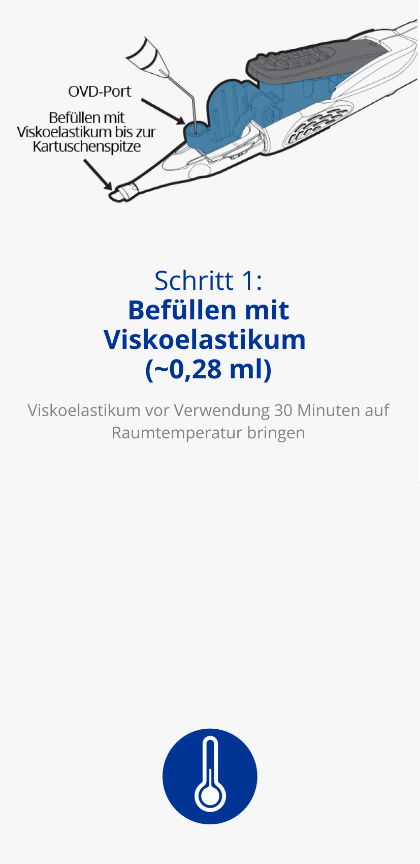 Grafik des AutonoMe® Implantationssystems. Ein schwarzer Pfeil zeigt auf einen Teil des Systems und besagt “OVD-Port”. Ein zweiter schwarzer Pfeil zeigt auf die Kartuschenspitze und besagt: “Befüllen mit Viskoelastikum bis zur Kartuschenspitze”. Blaues Symbol eines Thermometers.   