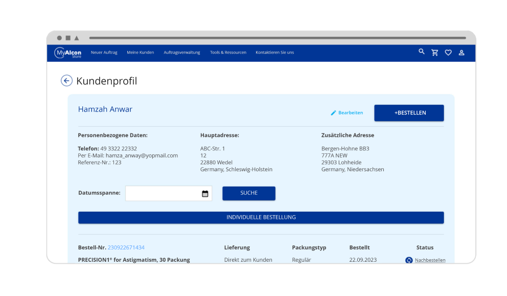 Screenshot des Kundenprofils von MyAlcon