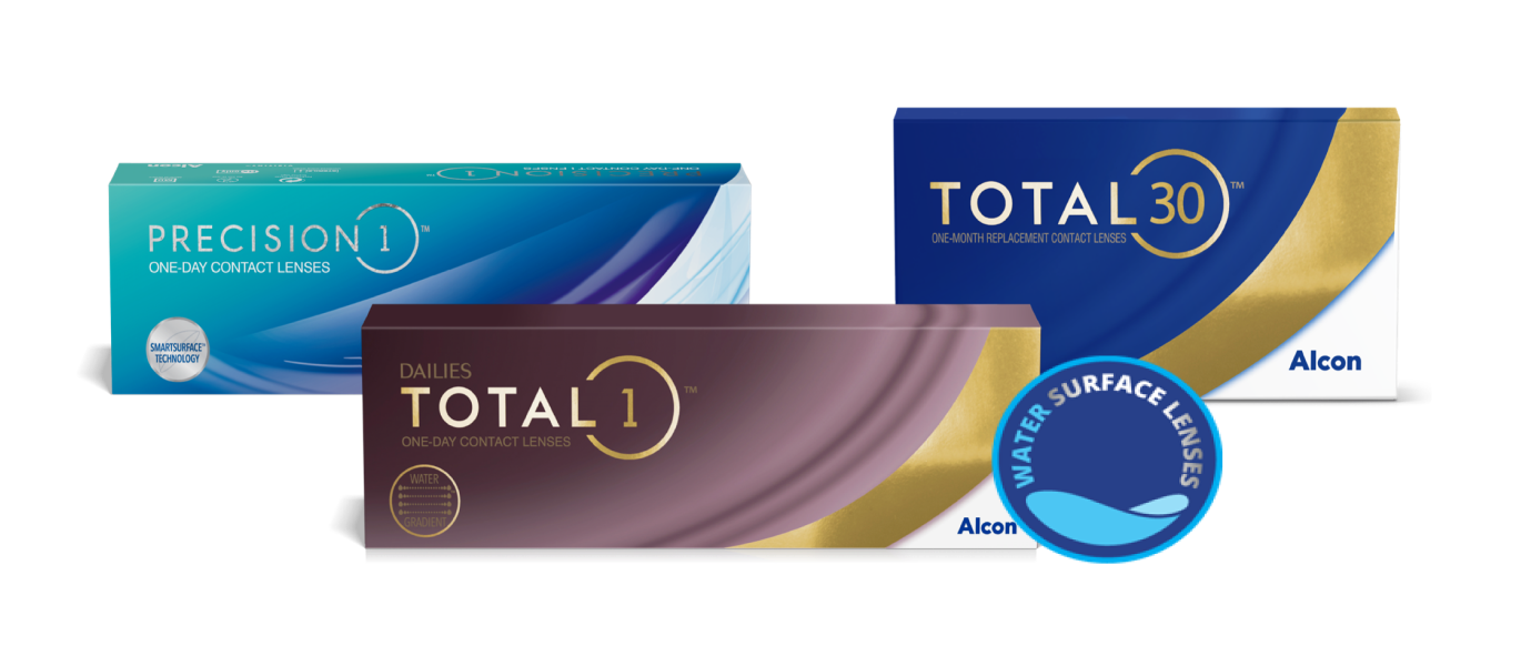 Produktverpackungen der Kontaktlinsen Precision1, Dailies Total1 und Total 30 von Alcon