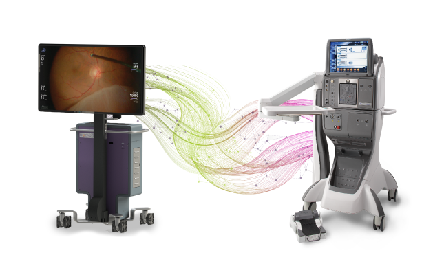 NGENUITY 3D Visualization System and the CONSTELLATION Vision System on a white background with a green and purple lines flowing between them to indicate DATAFUSION integration.