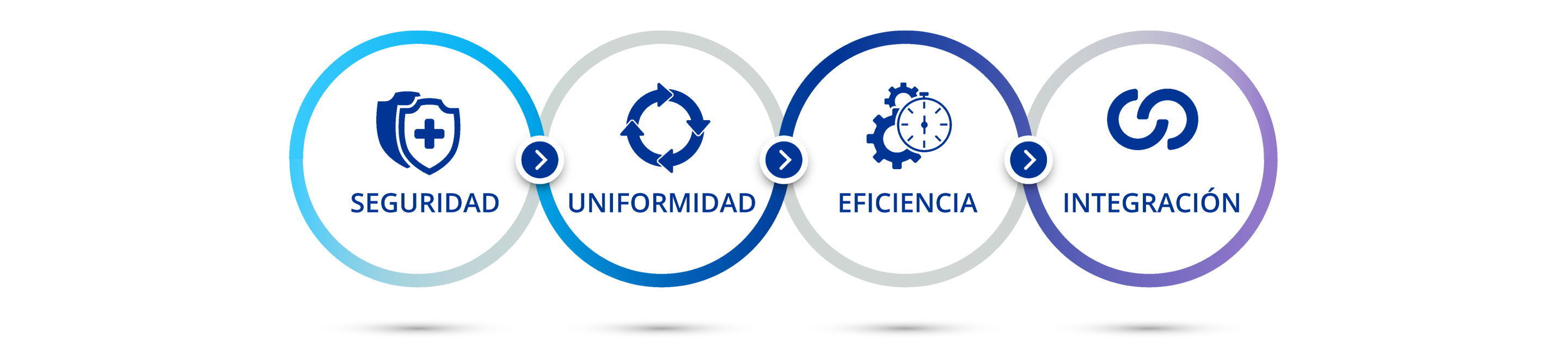 Diagrama que ilustra las cuatro secciones de esta página web. Icono de un escudo blanco con una cruz azul sobre un escudo azul oscuro con texto debajo que dice: “Seguridad”. Icono de un círculo que consiste en cuatro flechas conectadas  con texto debajo que dice: “Uniformidad”. Icono de dos engranajes y un cronómetro con texto debajo que dice: “Eficiencia”. Icono de dos semicírculos interconectados con texto debajo que dice: “integración”.