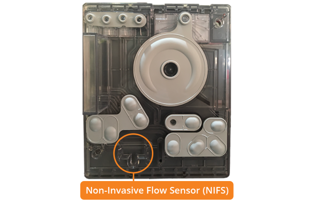 Primer plano del sensor de flujo no invasivo.