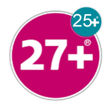 Un círculo grande y rosa que dice 27+. En la parte superior derecha, un círculo color cerceta dice: 25+.