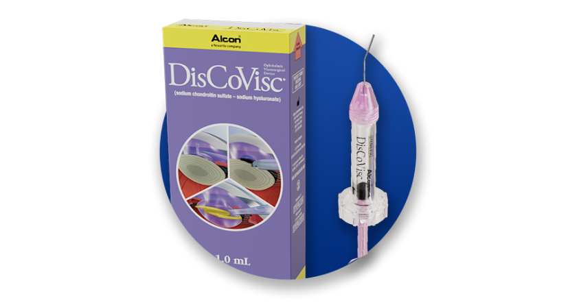 Alcon’s DisCoVisc OVD product and product box on a blue circle background.