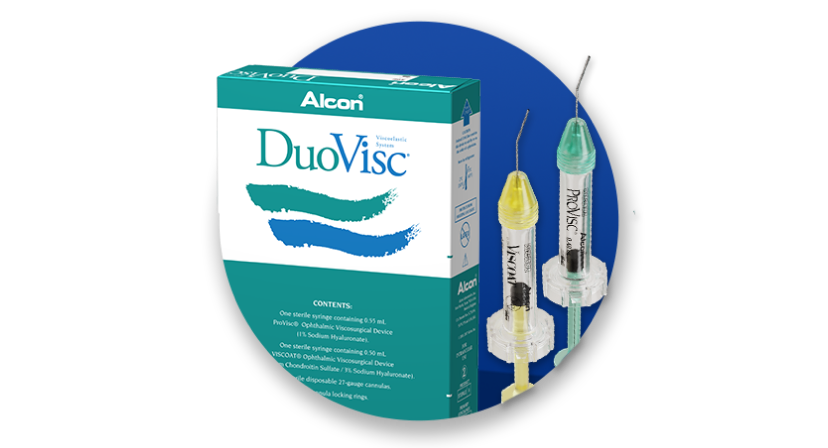 Alcon’s DuoVisc OVD product and product box on a blue circle background.