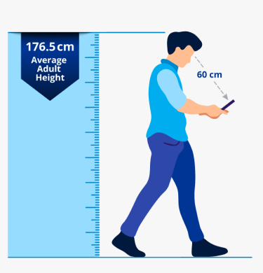 Illustration of a man looking at his phone screen. The distance from his eyes to the phone screen is 60cm. A blue ruler with text that reads “176.5cm. Average adult height” is placed behind the man to show his height.