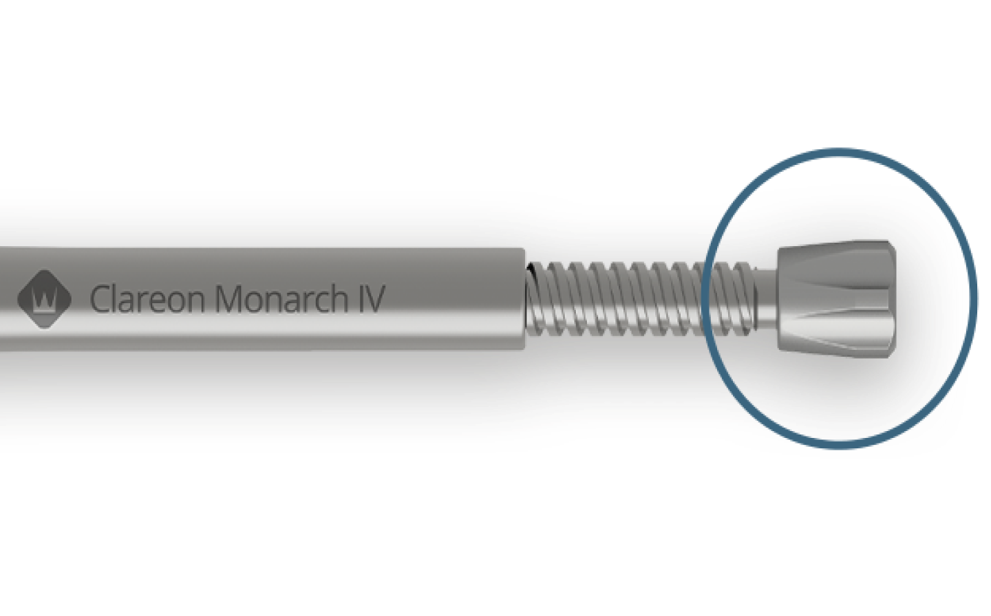 Il manipolo Clareon Monarch IV è posizionato orizzontalmente. Un cerchio blu è posizionato sulla manopola ingrandita per disegnare la messa a fuoco.