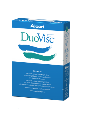 Caja de producto OVD DuoVisc de Alcon. Este producto contiene 0,35 ml de Viscoat y 0,40 ml de ProVisc.