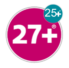 A large pink circle that says 27+. Above it to the right, a smaller teal circle says 25+.  