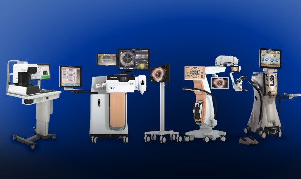 An image showing different surgical devices made by Alcon on a dark blue background. The ARGOS Biometer, LenSx Laser System, Verion Digital Marker, LuxOR Revalia Ophthalmic Microscope, Centurion Vision System, ORA SYSTEM Intraoperative Abberometer.