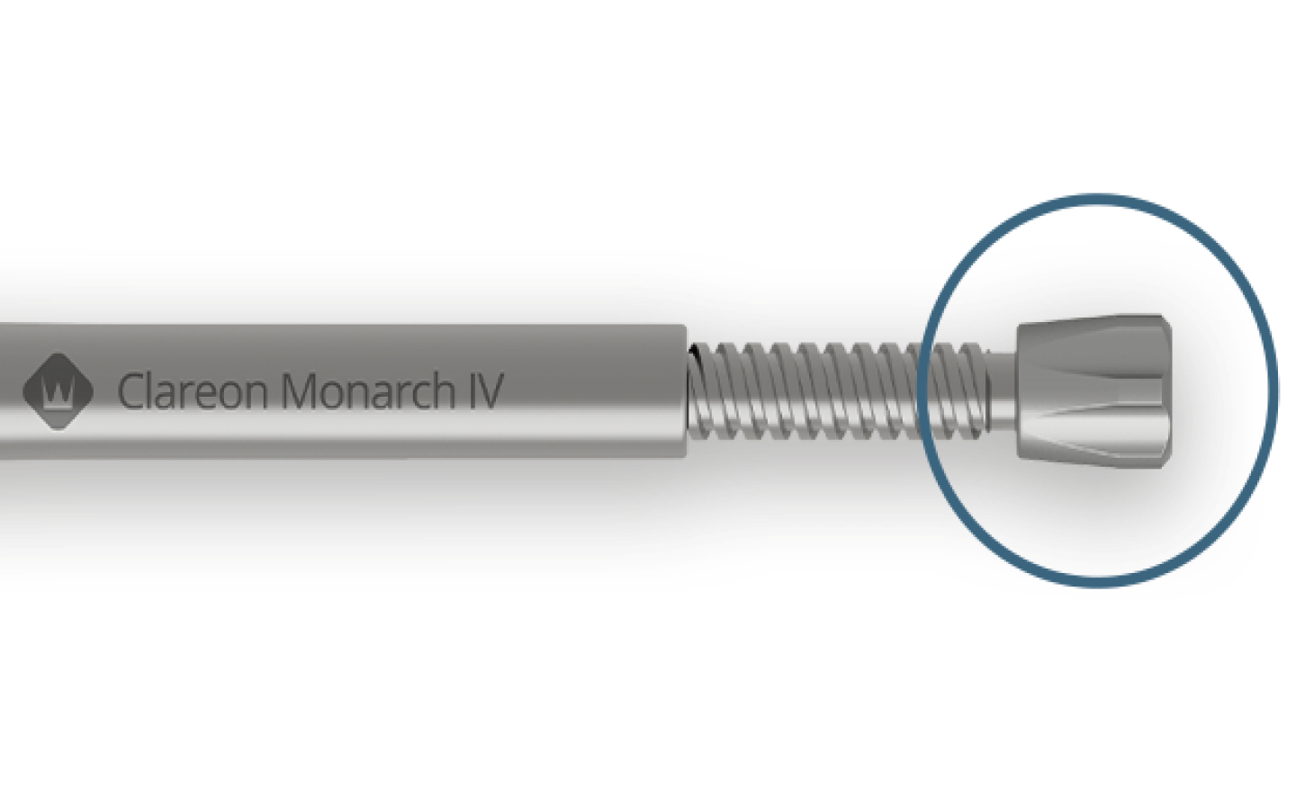 Pieza de mano Clareon Monarch IV en posición horizontal. Hay un círculo azul sobre el botón giratorio aumentado para llamar la atención sobre el mismo.