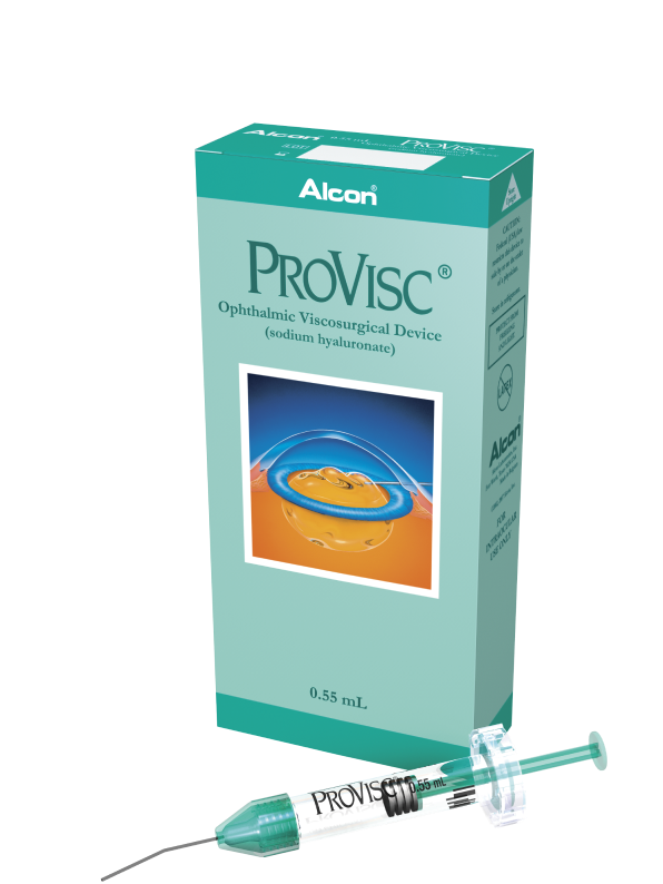 Caja de producto OVD Provisc de Alcon. Este producto contiene 0,55 ml de ProVisc.