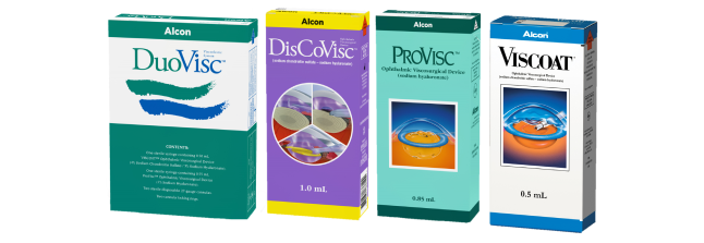 Product shots of Alcon’s Ophthalmic Viscosurgical Devices: DuoVisc,  DisCoVisc, ProVisc, Viscoat, DuoVisc.