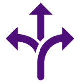 Dark purple icon of three arrows going left, straight and right.