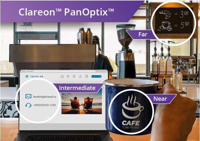 Coffee shop with a view from the counter of coffee machines and other ingredients. A laptop is open on the countertop and an individual’s hand holds up a coffee mug to the right of the laptop screen.   The image has 3 circles that zoom in on different aspects of the image. One of the circles is on the laptop screen to showcase an intermediate view with the AcrySof IQ PanOptix lens. Another circle is on the coffee mug to showcase a near view with the AcrySof IQ PanOptix lens. The last circle is on the café menu board, to showcase a far view with the AcrySof IQ PanOptix lens