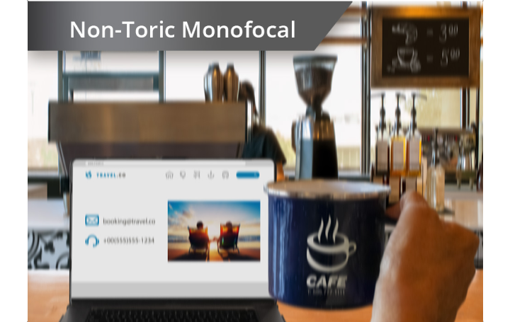 Slightly blurred image of a coffee shop with a view from the counter of coffee machines and other ingredients. A laptop is open on the countertop and an individual’s hand holds up a coffee mug to the right of the laptop screen. White text at the top left corner of this image reads “Monofocal.”  