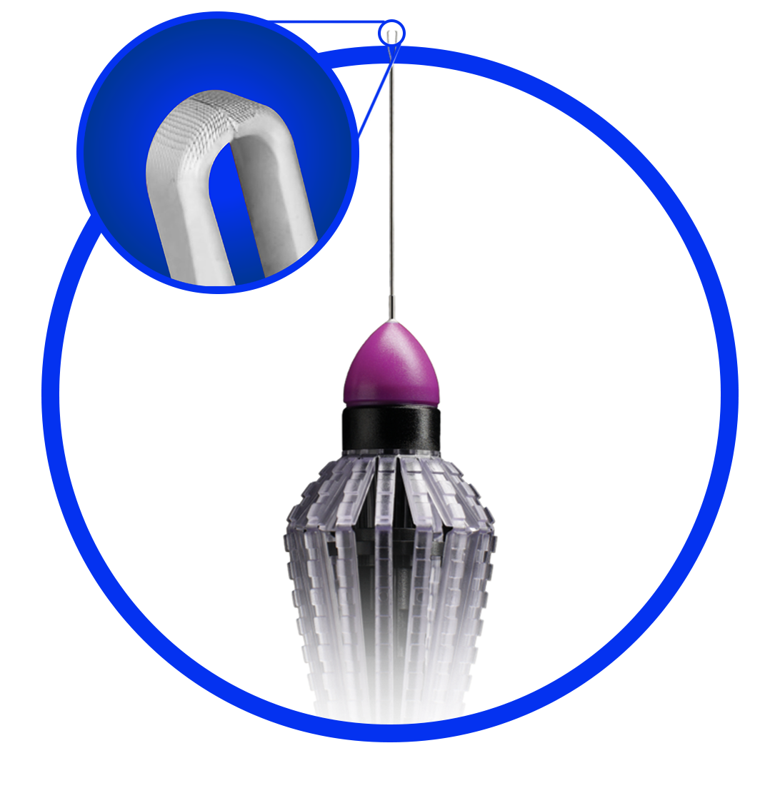 An image of the FINESSE SHARKSKIN ILM Forceps. A zoomed-in image in a circle displays the laser-ablated microstructures on the tips of the forceps. The device appears on a purple background.