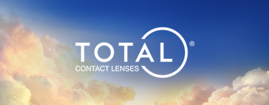 Official logo for Dailies Total1 daily contact lenses set over a blue sky above the clouds