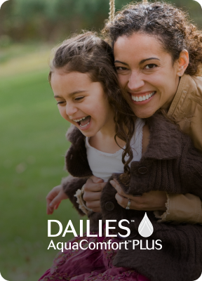 Woman hugging child smiling and DAILIES AquaComfort PLUS logo